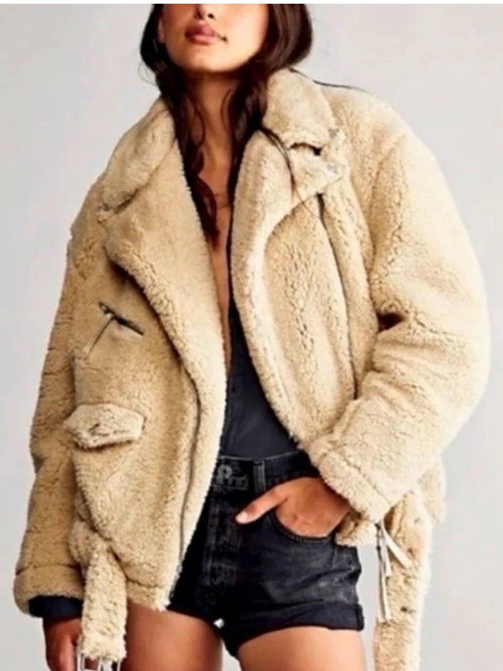 We The Free People So Cozy Slouchy Moto Jacket Cream Teddy Sherpa Faux Fur Large